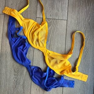 Cuup mesh bras, blue and yellow, size 32E